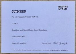 Gutschein für Wein für Fr. 200.- vom Weingut Nadine Saxer