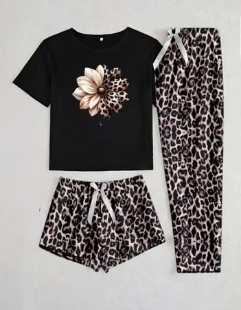 Schlafanzug-Pyjama-3-teilig-Blumenmuster-super flauschig-Top