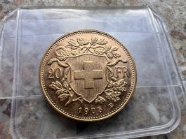 Goldmuenze Vreneli Helvetia 20 Fr 1905 B guter Zustand