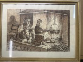 Alte Zeichnung, gerahmt - Original Winter Szene Motiv