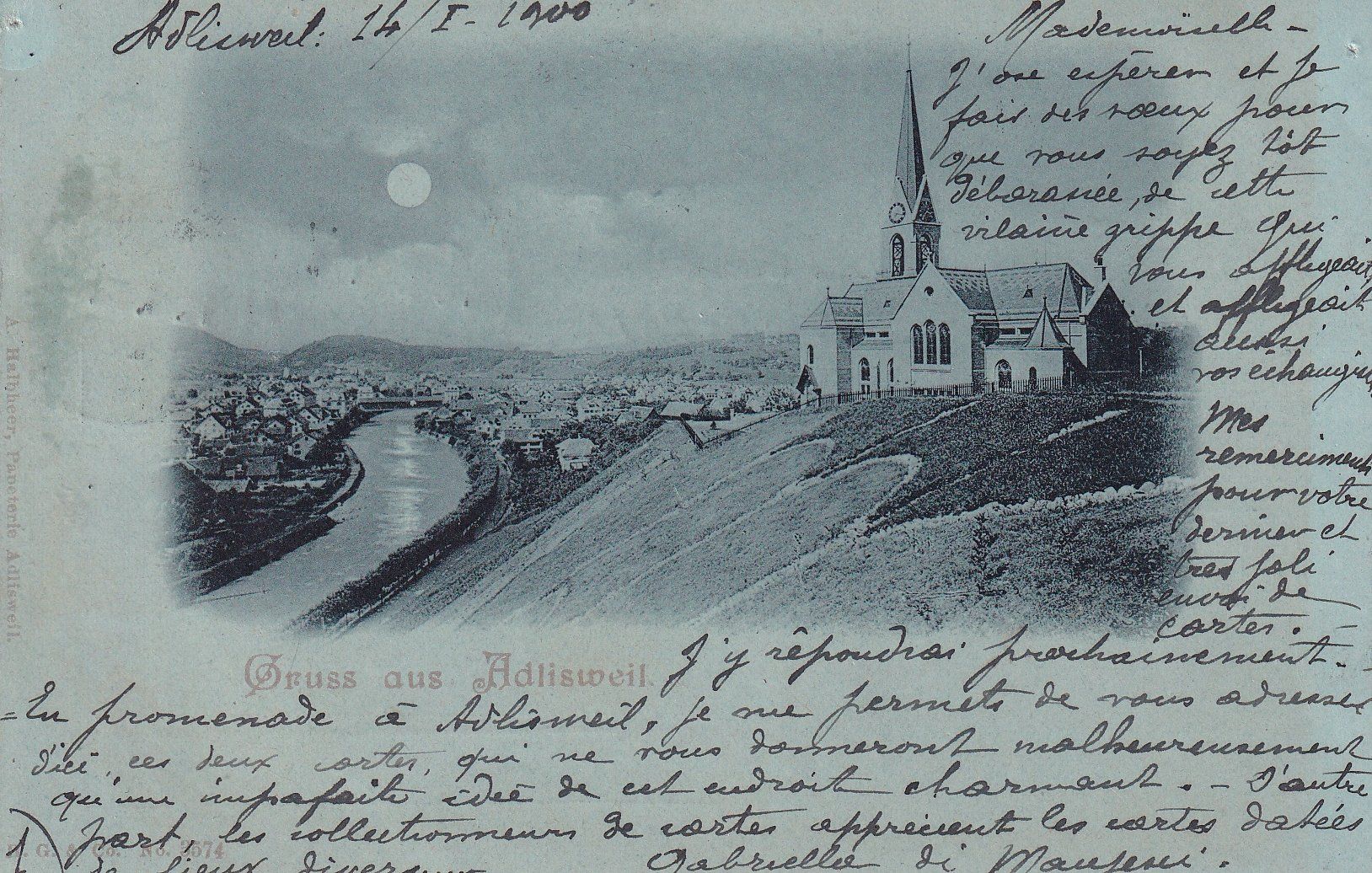 Cartoline postali: Adliswil   ZH  -  Mondschein-Litho     um 1901 – Usato da Brig venduto da Valcards54