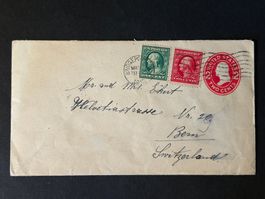 Ganzsache mit Zusatzfrankatur 1912 von USA nach Bern
