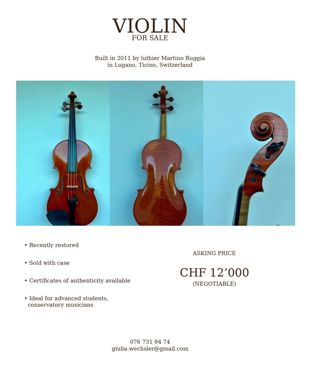 Musikinstrumente: VIOLIN FOR SALE – Gebraucht aus Zürich von giu_9h2g