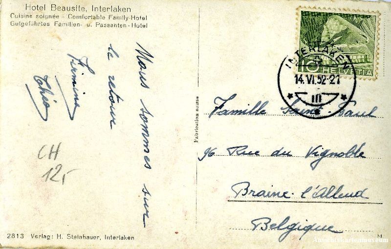 Cartoline postali: Interlaken - Hotel Beausite + 1952 – Usato da Emmenbrücke venduto da teestube 1