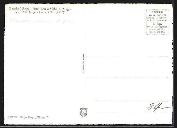 Cartoline postali: Rümikon /Rh., Gasthof Engel E. Jaeger-L – Usato da Berlin venduto da bartko-reher 1