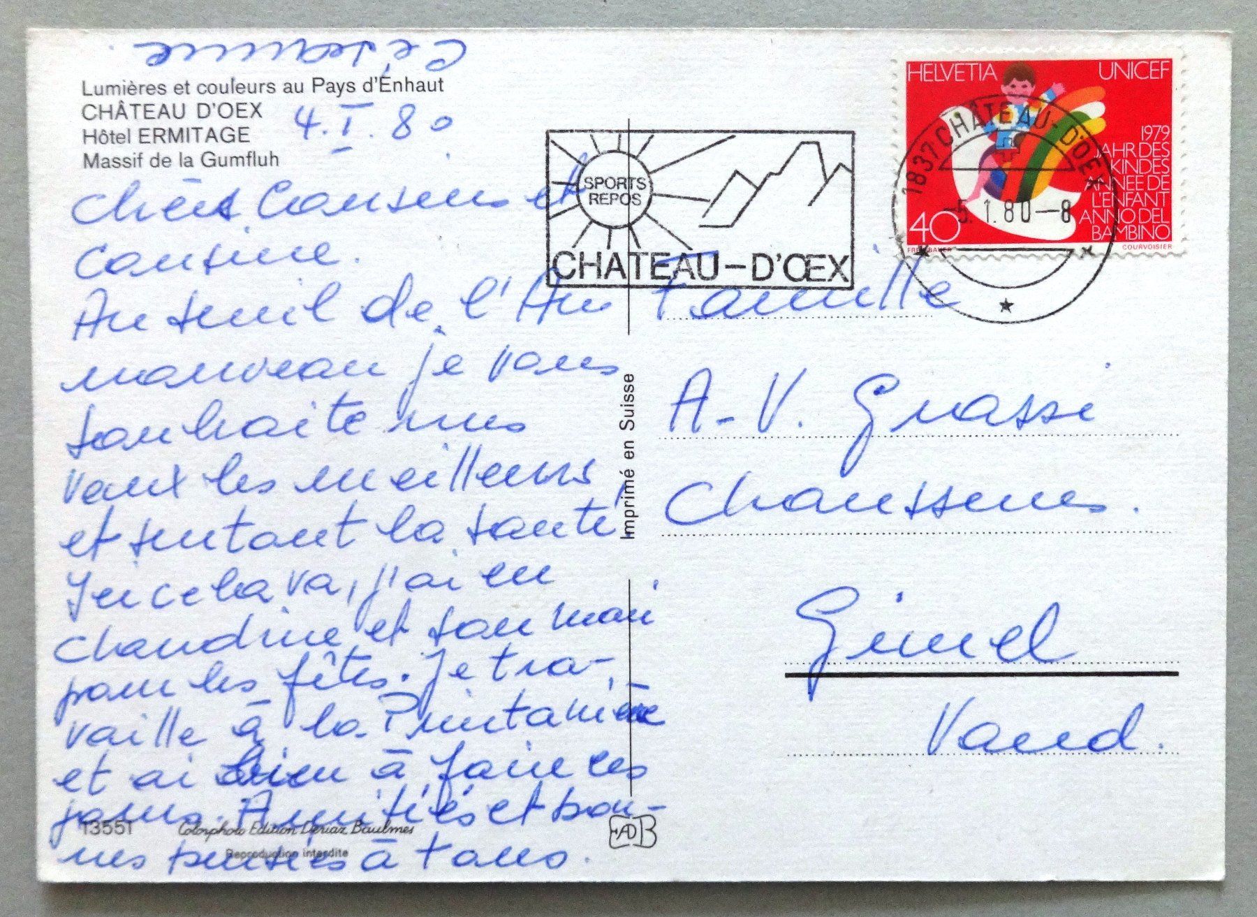 Ansichtskarten: Château d' Oex, Hôtel Ermitage – Gebraucht aus Fétigny von Billy2miny 1