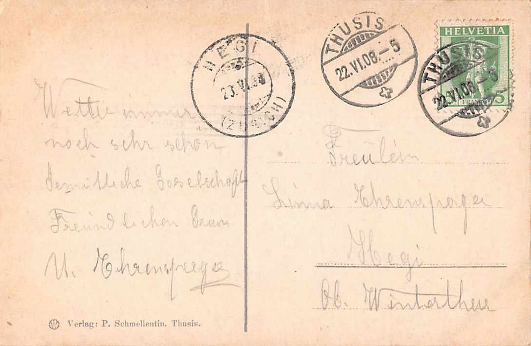 Cartoline postali: GRUSS aus THUSIS - alte Ansichtskarte 1908 – Usato da Winterthur venduto da SchatzchischtliWinti 1