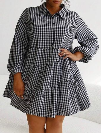 Hemdkleid in Karo-Muster schwarz /navy Gr. 56 / 58 / 60