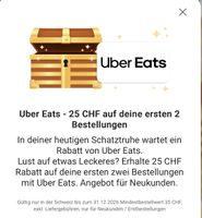 Uber Eats Gutschein von 25 CHF auf die ersten 2 Bestellungen