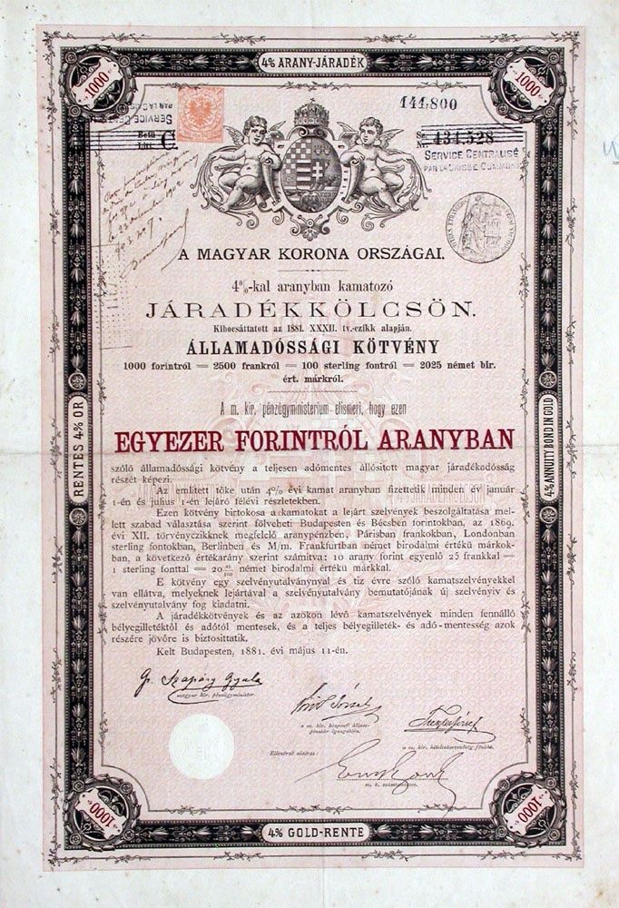 Documenti: 4% Königreich Ungarn, Budapest - 1881 – Usato da Solothurn venduto da Sgasche