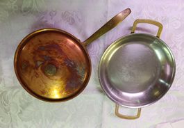 Vintage Kupferpfanne mit Deckel und Messinggriffen, ca. 24 c