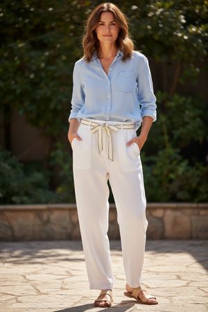 Damen Leinen Hose mit Gürtel weiß m l 