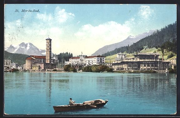 Cartoline postali: St. Moritz-Bad, Blick vom See zur Kirche – Usato da Berlin venduto da bartko-reher