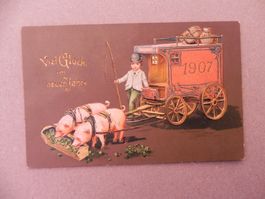 Karte Motiv Humor mit Schwein Sau 1907 Neujahr Kutsche