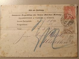 Antike Quittung von Haasenstein&Vogler Zürich Zeitung 1873!