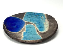 RAKU KERAMIK TELLER Blau Türkis Handarbeit Signiert ca. 15cm