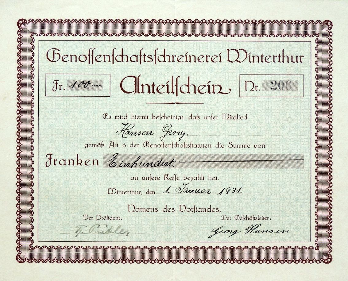 Documenti: Genossenschaftsschreinerei Winterthur - 1931 – Usato da Solothurn venduto da Sgasche