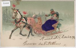 Pferdeschlitten im Winter - Präge-Litho