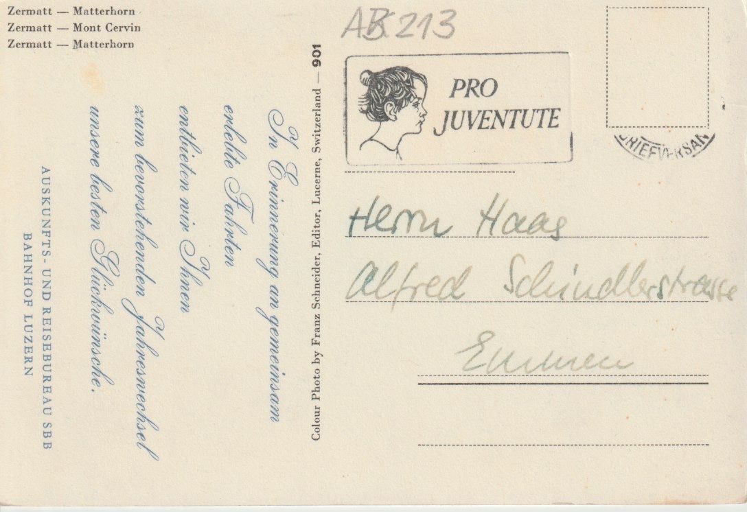 Cartoline postali: AB 213 Zermatt - Matterhorn, – Usato da Freienbach venduto da Bhaltis 1