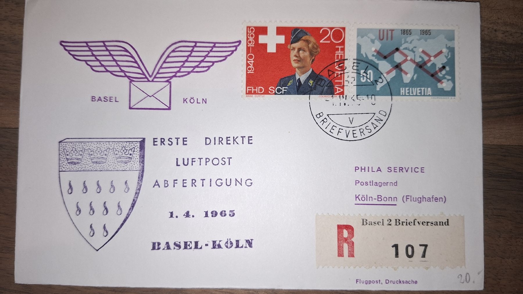 Tutti i francobolli: Swissair Basel - Köln 01.04.1965 – Usato da Balgach venduto da SIMEON27