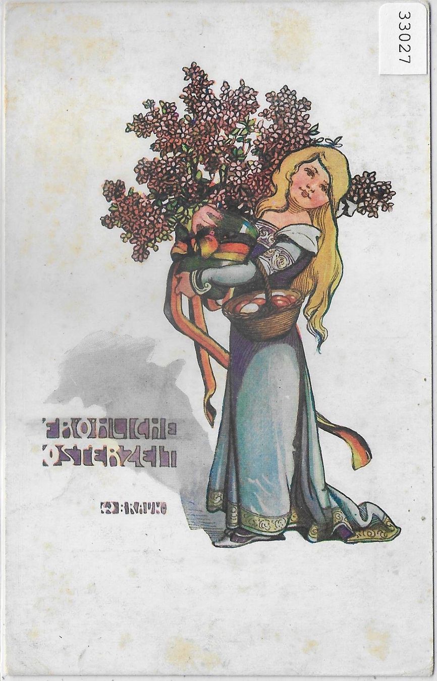 Cartoline postali: Fröhliche Osterzeit - Mädchen mit Blumenstrauss – Usato da Ettingen venduto da Kartenplanet