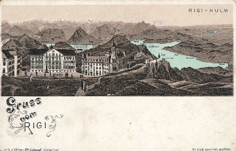 Cartoline postali: Rigi Gruss vom ... Schlumpf Litho  c1895 – Usato da Emmenbrücke venduto da teestube
