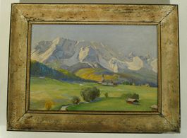 Aeltere Ansicht Schloss Elmau Wettersteinwand Oel auf Leinen
