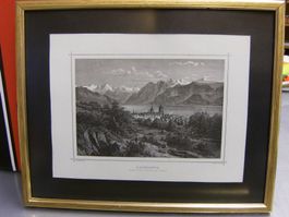 Lausanne Lithografie Kunstdruck C.Köhler Holzrahmen goldig 3