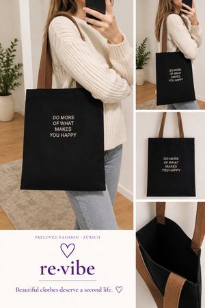 Canvas Tote Bag Black with Printed Text Brown Handles
