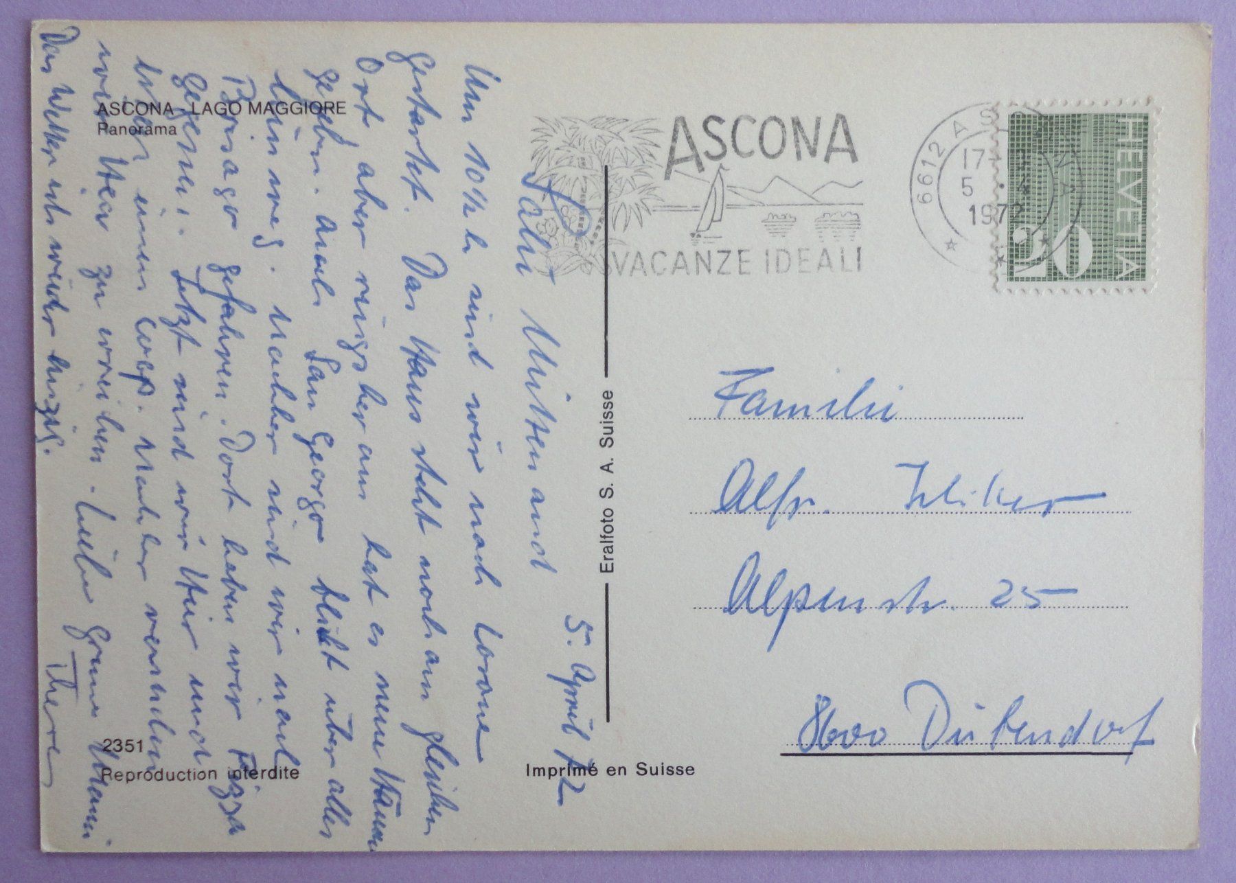 Cartoline postali: Ascona - Panorama, Lago Maggiore – Usato da Fétigny venduto da Billy2miny 1