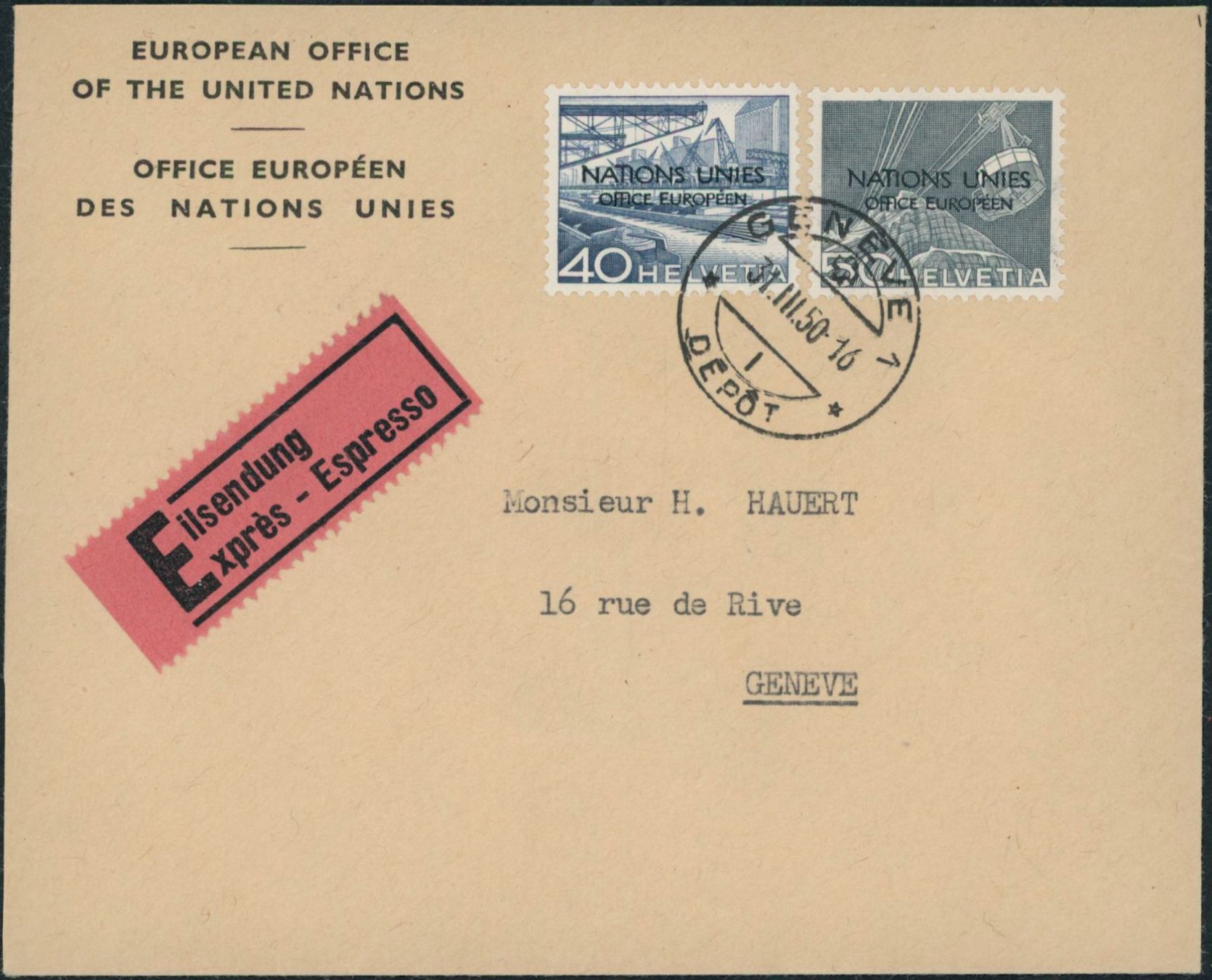 Tutti i francobolli: 1950 - Genfer Amt - ONU - Express Brief - BFr – Usato da Schindellegi venduto da leecollect