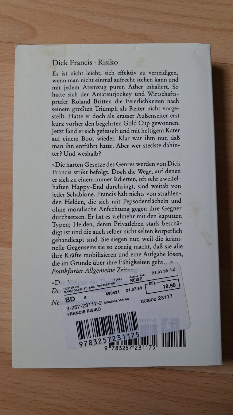 Libri: Dick Francis - Risiko - Spannender Roman, Taschenbuch – Usato da Adlikon venduto da Beulonens 1