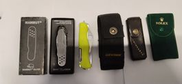 Lot sackMesser und Etuis Victorinox,Rolex, Leatherman,mammut