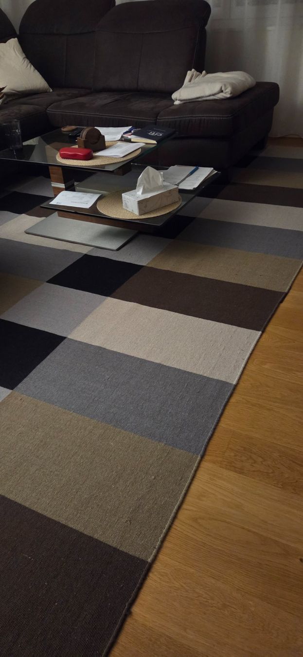 IKEA Wollteppich gross (250 x 350 cm) mit modernem Karomuste (Gebraucht) in Wittenbach für CHF 30 – nur Abholung auf Ricardo kaufen