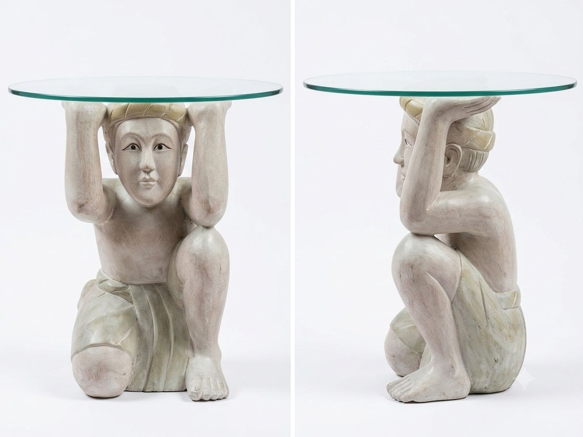 Tables: Buda Skulptur, Beistelltisch mit Glasplatte – D'occasion à Wohlen AG par 1000-Ideen