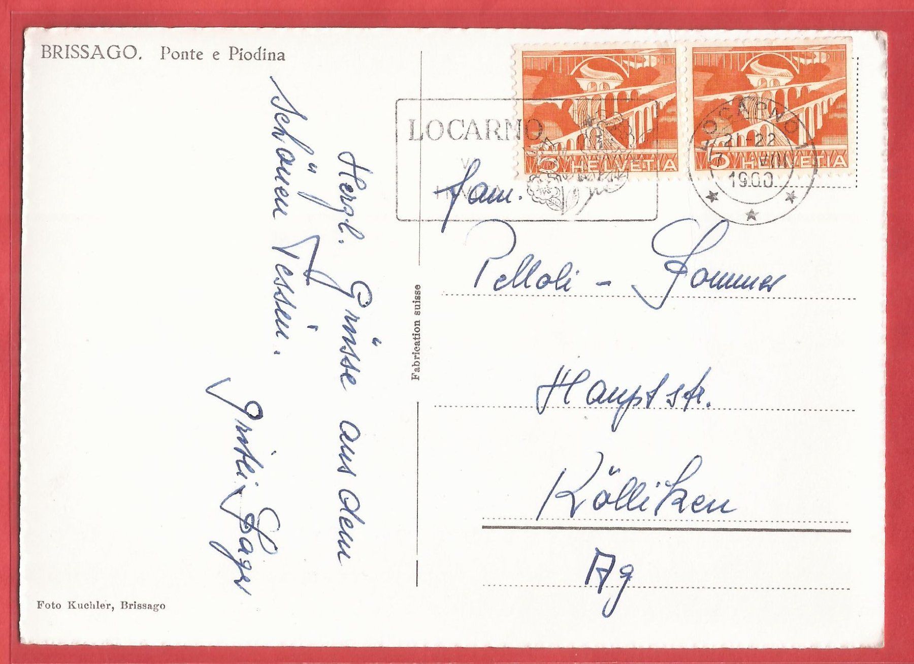 Cartoline postali: Brissago - Ponte e Piodina - 1960 – Usato da Fislisbach venduto da Porano 1