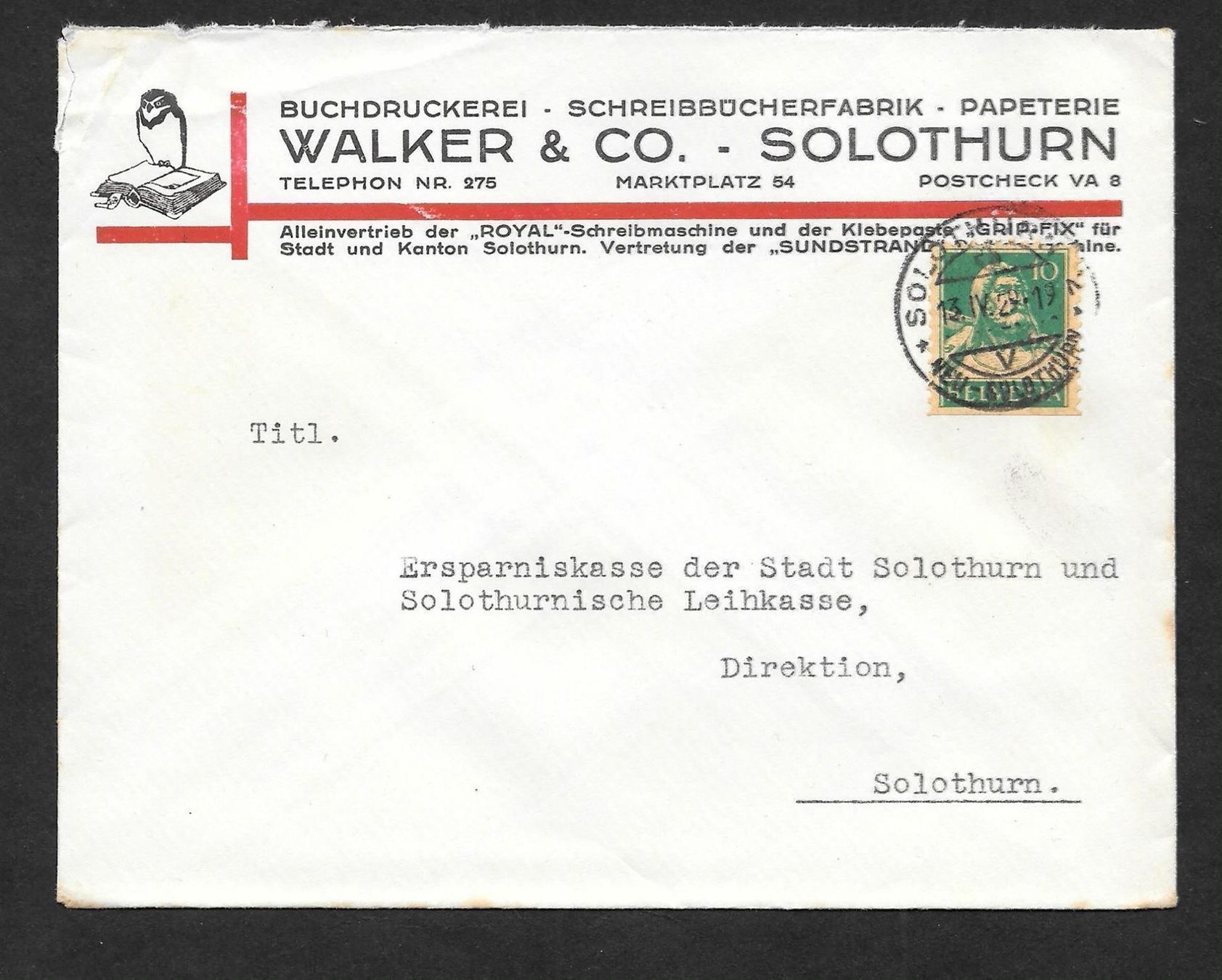 Tous les timbres: Solothurn illustrierter Brief Walker & Co. 13.4.1929 – D'occasion à Olten par clotaldi