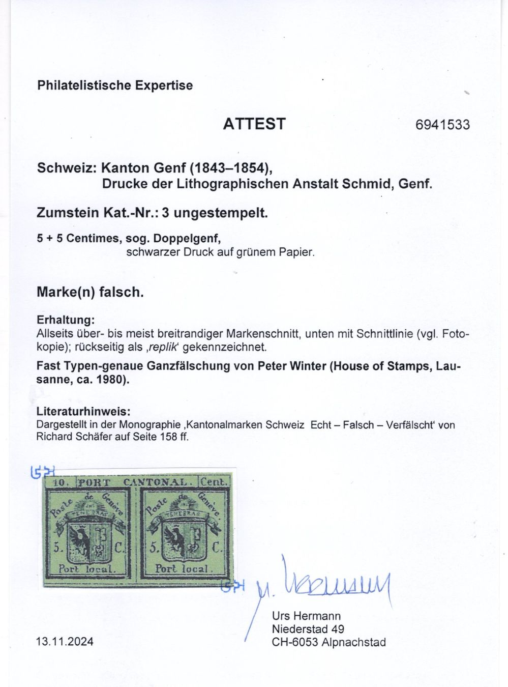 Tutti i francobolli: Doppelgenf als fast typengenaues Replikat von Peter Winter – Usato da Uesslingen venduto da WHALESTAMPS 1