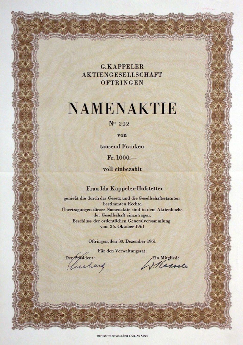 Documents: G. Kappeler AG Oftringen, Oftringen - 1961 – D'occasion à Solothurn par Sgasche