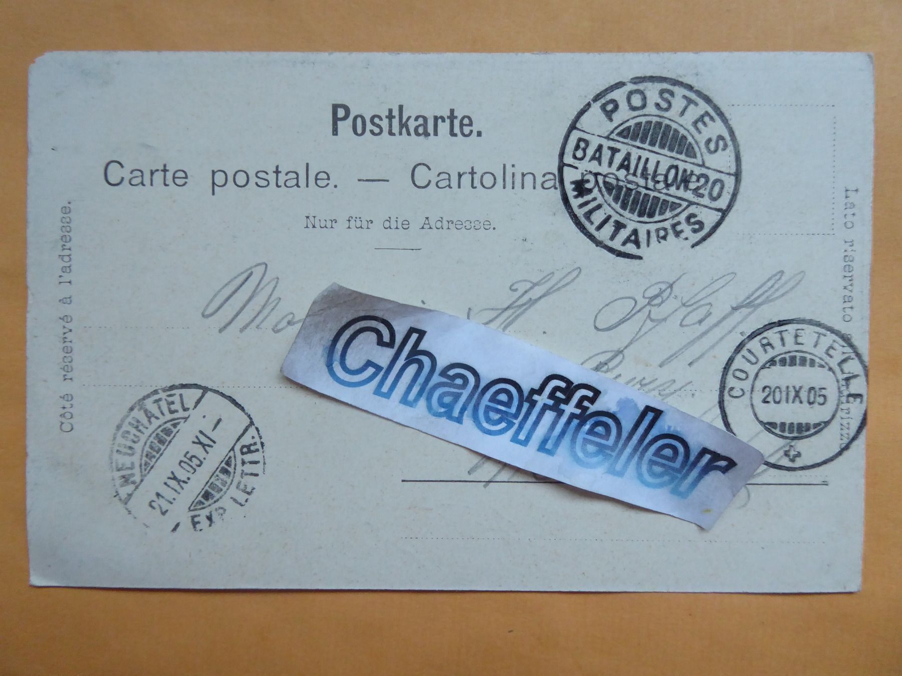 Ansichtskarten: 1905  Au Camp.  -  Le Bain.  Militärpost – Defekt aus Zürich von Chaeffeler 1
