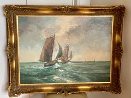 Gerahmtes Ölgemälde 98x77cm, Holländische Flachsegler 1950er