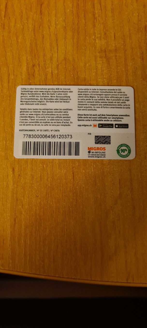 Karten: Migros Geschenkkarte – Gebraucht aus Heiligkreuz (Mels) von Wini65 1
