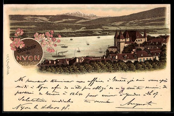 Cartoline postali: Litho Nyon, Schloss am See mit Segelboot – Usato da Berlin venduto da bartko-reher