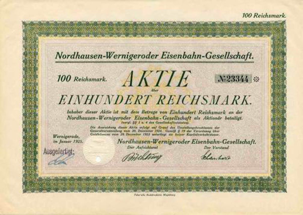 Documenti: Nordhausen-Wernigeroder Eisenbahn-Gesellschaft - 1925 – Usato da Solothurn venduto da Sgasche