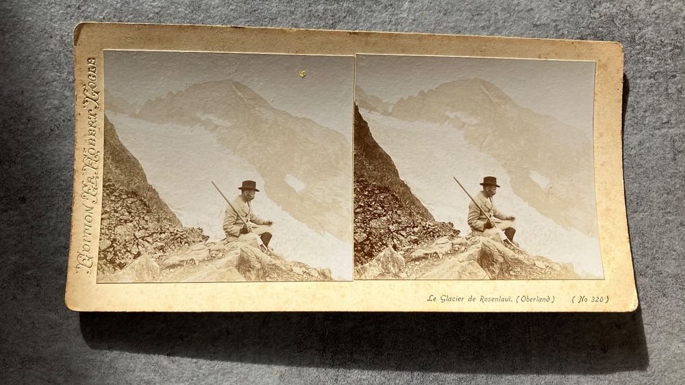 Photo Stéréo Ancienne – Glacier De Rosenlaui, Suisse, Format 8,5x17 Cm, Tirage Original Sépia