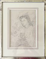 Zeichnung original Frau mit Blumen, unter Glas gerahmt