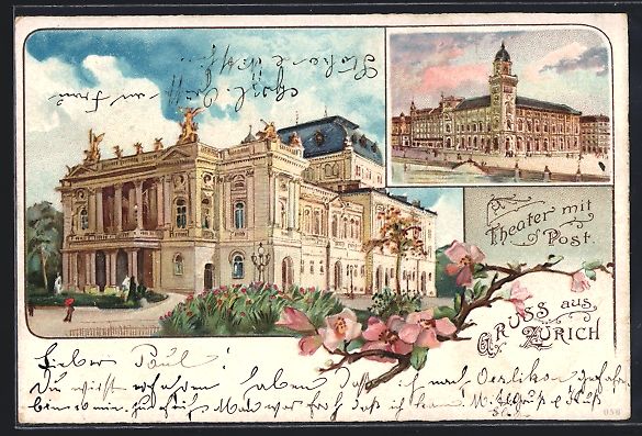 Cartes postales: Lithographie Zürich, Theater mit Post – D'occasion à Berlin par bartko-reher