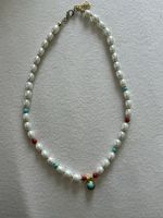 Perlenkette mit Türkis & rote Perlen, Sommer Style, 45cm