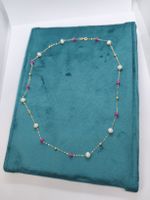 Gold Halskette 18k 750 mit Perlen und Rubinen, Neu