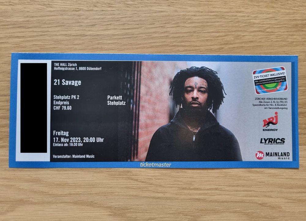 1 x 21 Savage Stehplatz Ticket Konzert Zürich 17.11.23 | Kaufen auf Ricardo